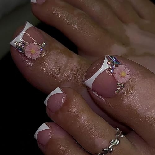 Teilihai White French Press on Toenails with 3D Daisy Charm Rhinestones