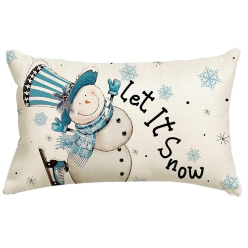 RABUSOFA Christmas Lumbar Pillow Cover, 12x20 Inch Blue Snowman Snowflake