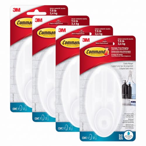 Command Caddy Hanger Pack of 4 - Waterproof Bathroom Organization Hooks with 2 Large Strips