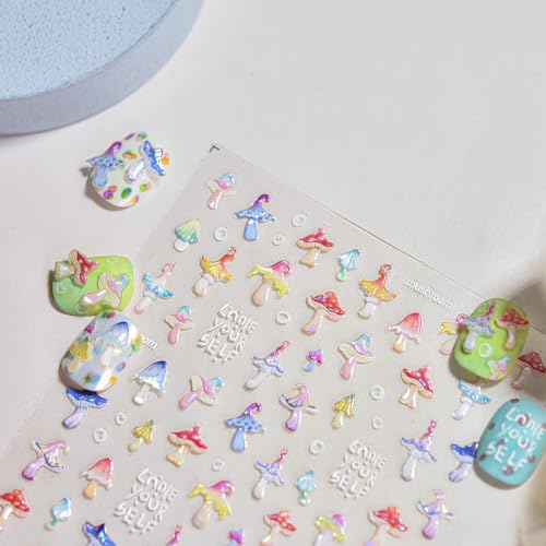 5D Embossed Mushroom Nail Art Stickers Colorful Summer Manicure Decals