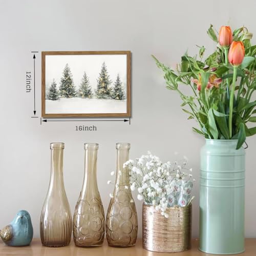 Pine Forest Christmas Wall Art - Framed Snowy Pine Tree Landscape, 16x12 Inch Neutral Farmhouse Decor