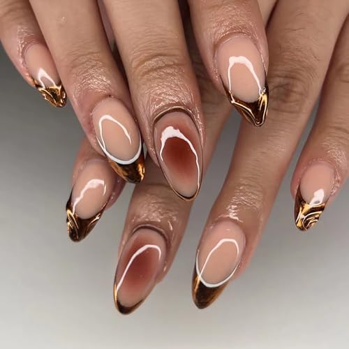 Brown French Almond Press On Nails Medium Acrylic False Nails Kit