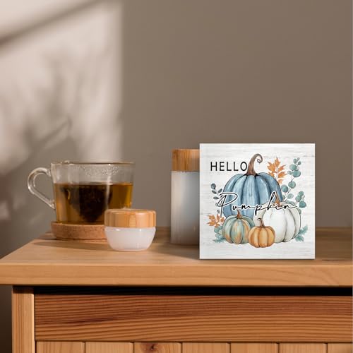 Rustic Blue Pumpkin Wooden Box Decor - 5x5 Autumn Home Accent