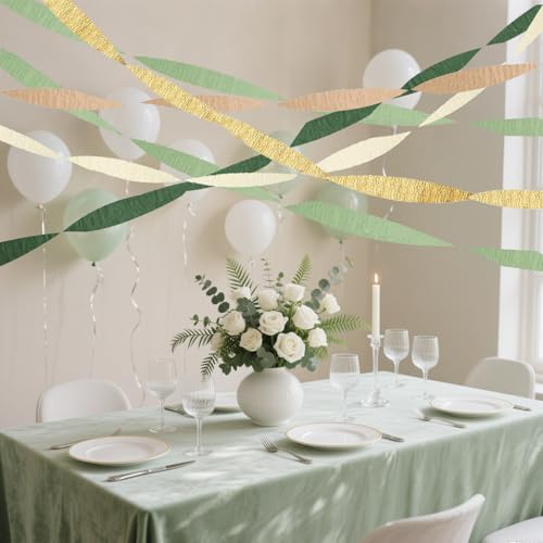 Olive Green & Gold Crepe Paper Streamers - 6 Rolls for Boho Party Decor