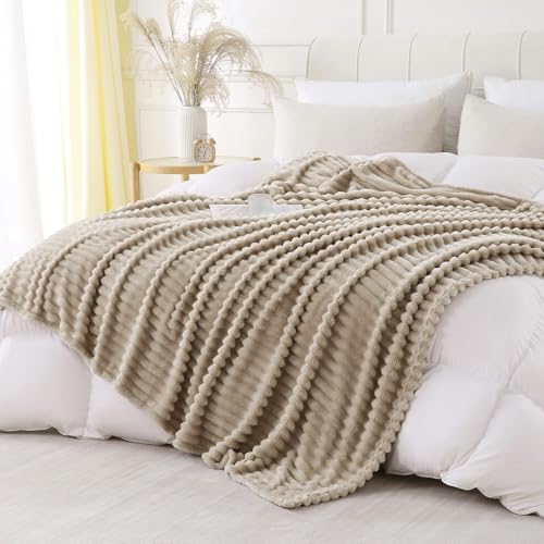 Khaki Striped Throw Blanket 50x60 inches - Plush Fleece for Couch