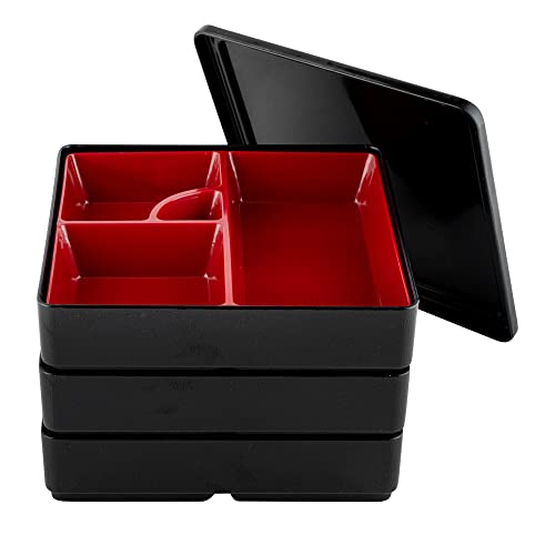 Restaurantware-8.3 x 5.9 Inch 5-Compartment Lunch Container, 1 Japanese Style Adult Lunch Container - 3 Stackable Layers, Black & Red Plastic Divided Meal Box, Greaseproof, Hot & Cold Food