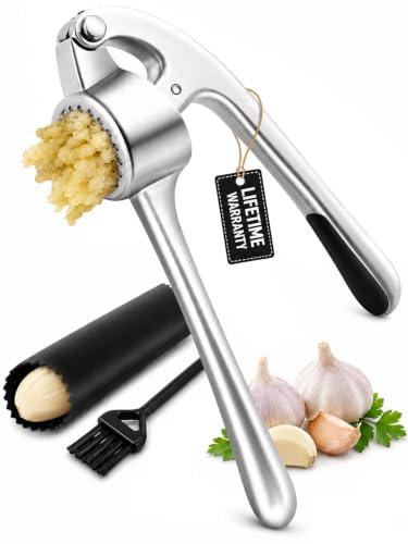 CUNSENR Silver Garlic Press and Peeler Set - Heavy Duty Mincer with Brush