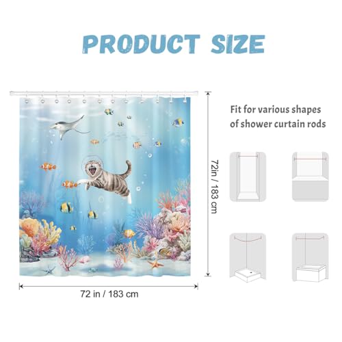Dazzlewall Funny Ocean Cat Shower Curtain, 72x72 Inch Waterproof Polyester