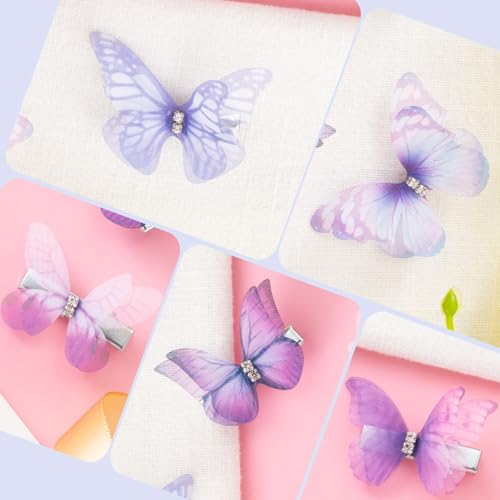 VARMDUKKE 5Pcs Purple Butterfly Hair Clips Rhinestone Organza Barrettes