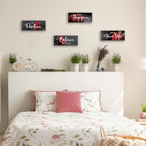 Red Rose Wall Decor Set - 4 Piece Inspirational Art for Home & Office