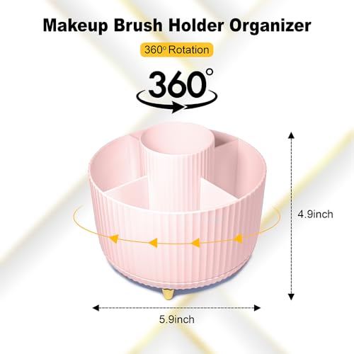 Will Oak Pink Large Makeup Brush Organizer with Compartments, Vanity Storage