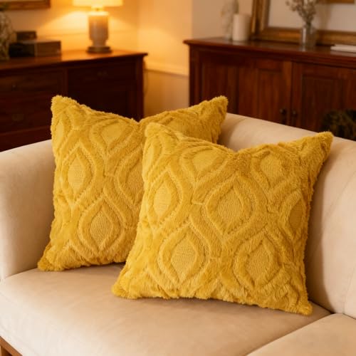 Pack of 2 Mustard Yellow Faux Fur Throw Pillow Covers 18x18