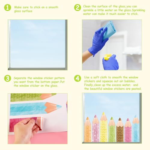Quera Pastel Pencil Window Clings - 9 Sheets Reusable Back to School Decals