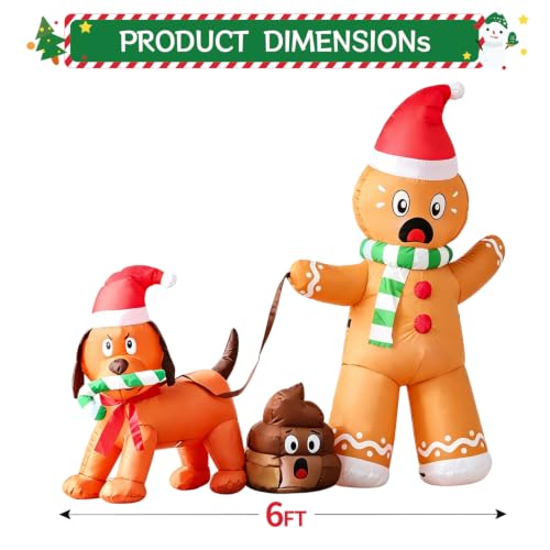 Gingerbread Man Inflatable Yard Decor - Walking Dog with Poop, Christmas LED Outdoor Xmas Holiday