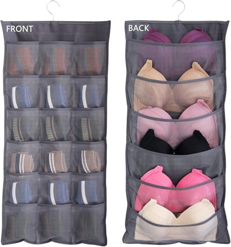 Hanging Mesh Pockets Closet Organizer - Dual-Sided, 24 Pockets, Grey