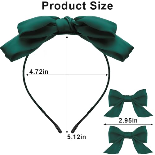Galuobal Dark Green Satin Hair Bow Headband and Clips Set for Girls