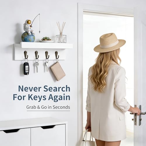 Gulex White Rustic Wooden Key Holder Wall Mount with 4 Hooks — Organize Keys & Mail
