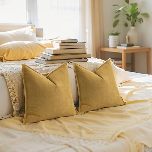 Mustard Yellow Chenille Throw Pillow Covers 20x20 - Set of 2