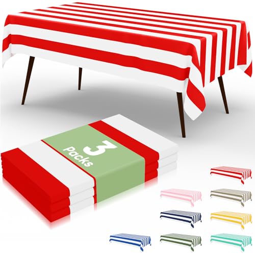 misaya 3-Pack 54" x 108" Red & White Striped Disposable Tablecloths