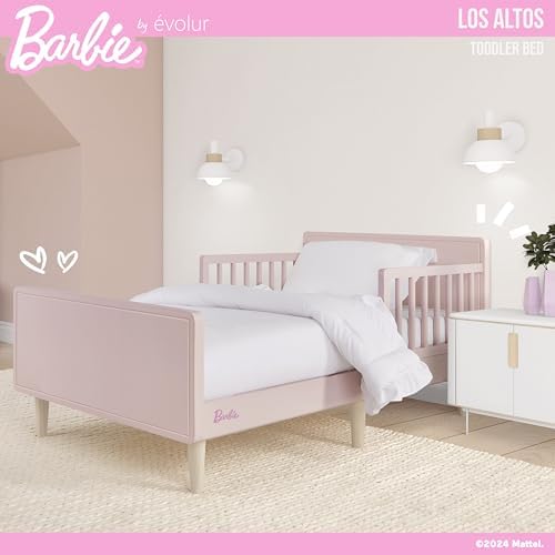Evolur Barbie Los Altos Wooden Toddler Bed, Blush Pink – Greenguard Gold & JPMA Certified – Low-to-Floor Kids Bed for Girls – Fits Standard Crib Mattress