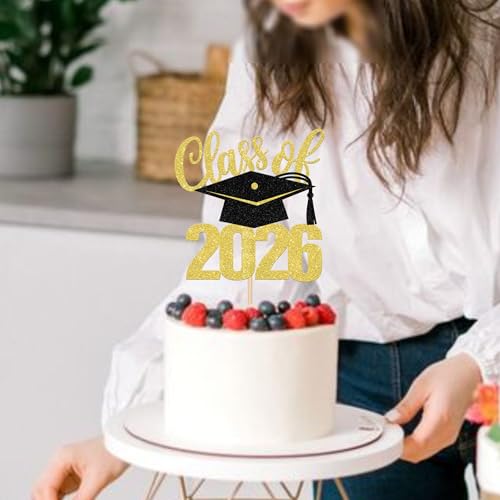 Class of 2026 Graduation Cake Topper - Glitter Grad Cap & Diploma