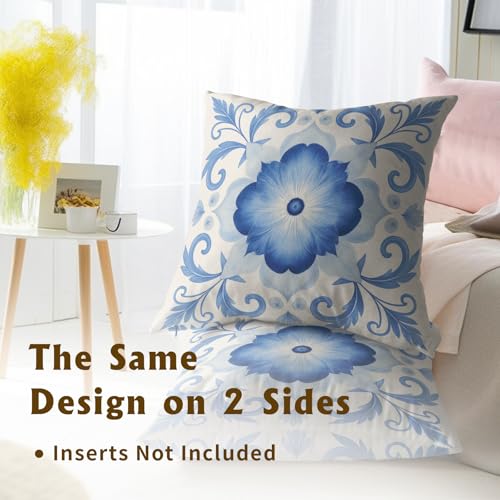 Elegant Blue Floral Throw Pillow Covers - 18x18 Inch Set of 2