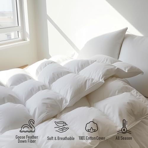 Luxurious Goose Feather Down Fiber Comforter Full Queen Size, Hotel Collection Fluffy 100% Cotton Cover Duvet Insert, 56 oz. Fill Weight, All Season Medium Warmth 90 x 90 Inch White Solid
