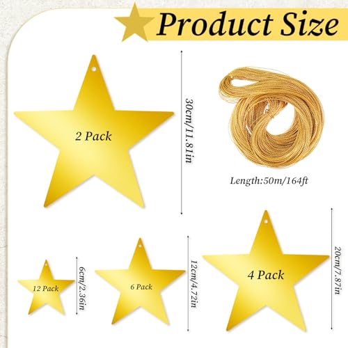 24Pcs Gold Hanging Star Decorations - Glitter Cardboard Cutouts with String