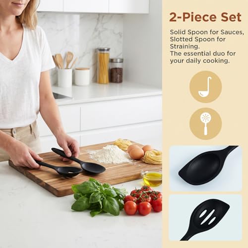 Silicone Cooking Spoon Set - Heat Resistant Slotted & Solid Spoons