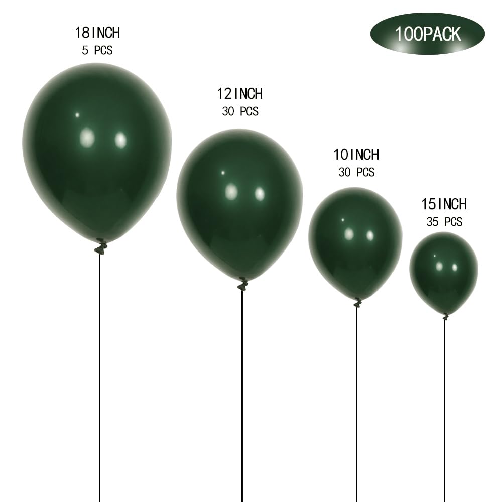 Latex Balloons, 100-Pack Different Sizes 18 12 10 5 Inch Party Balloon Garland Kit (Dark Green)