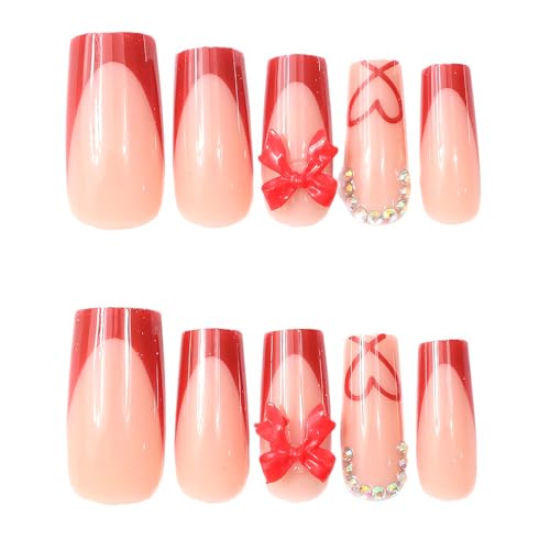 French Tip Press on Nails Square 3D Bow Rhinestone False Nails