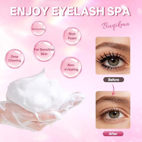 Buqikma Eyelash Extension Shampoo Kit with Cleansing Brush - 60ml Gentle Lash Cleanser for Sensitive Eyes
