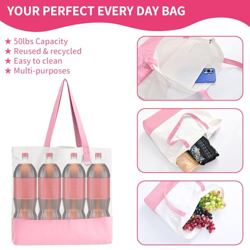 Large Pink Canvas Tote Bag with Zipper - Reusable Grocery & DIY