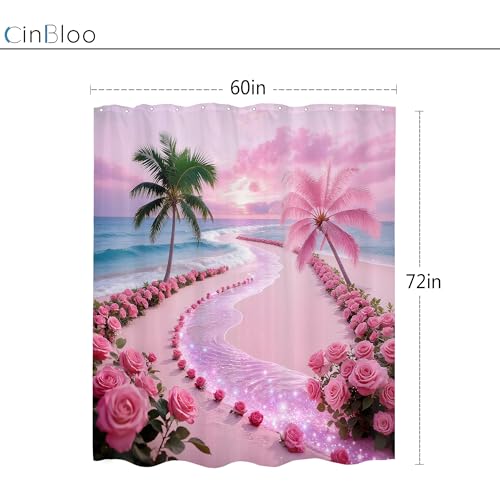 Cinbloo Tropical Beach Shower Curtain Set, Hot Pink Sunset, 60"W x 72"H