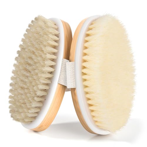 Dry Brushing Body Brush 2 Pack - Natural Bristle Exfoliating Shower Scrubber