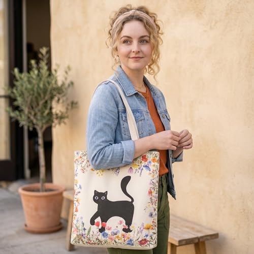 Qirrmiy Canvas Tote Bag for Women with Zipper Pocket - Floral & Cat Design
