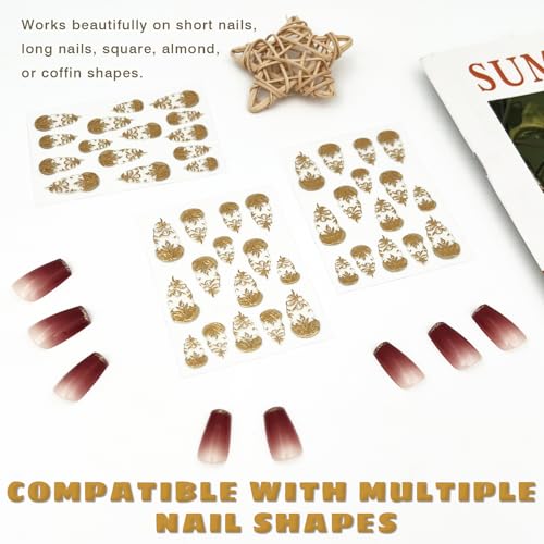 3D Gold Nail Art Stickers Set – Self-Adhesive Metallic Foil Decals (3 Sheets)