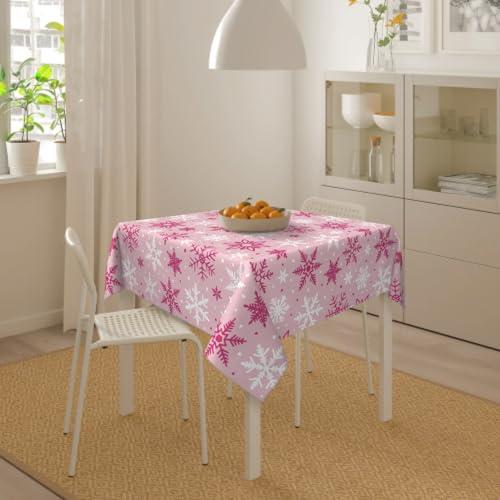 Pink Christmas Square Tablecloth 60x60 Inch Snowflake Holiday Decor - Pink & White