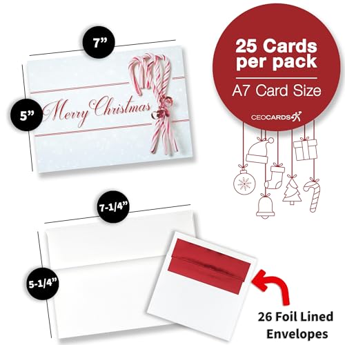 Christmas Greeting Cards Set with Red Foil Lined Envelopes - 25 Pack