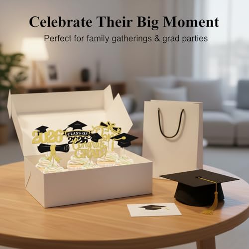 2026 Graduation Cupcake Toppers - Black & Gold Glitter Set of 24