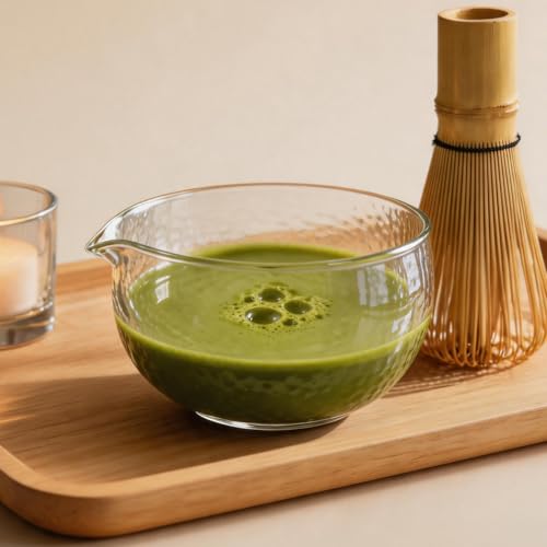 Textured Glass Matcha Bowl with Spout - Japanese Style Green Tea Whisk & Salad Mixing Bowl