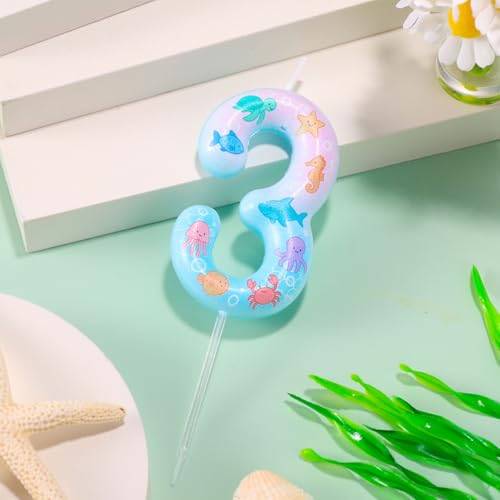 Mermaid Birthday Number 3 Candle - Ocean Themed Cake Topper