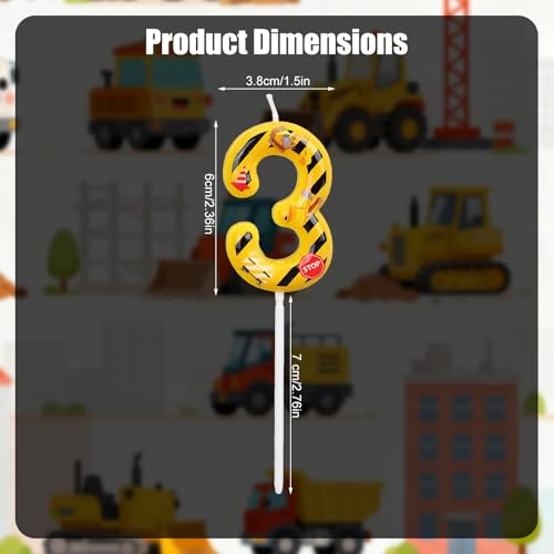 Penitue Construction Number 3 Birthday Candle, Yellow and Black Striped Cake Topper
