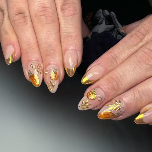 Fall Press on Nails Medium Almond Gold French Tip Fake Nails 24Pcs