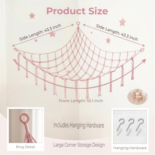 Large Cotton Stuffed Animal Storage Hammock - Pink Macrame Organizer