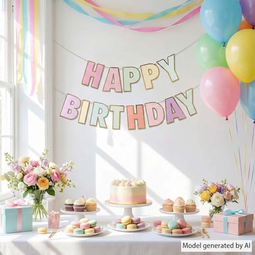 Macaron Happy Birthday Banner - Pastel Rainbow Party Decor