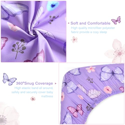 JISEN Purple Butterfly Fitted Crib Sheet - Soft & Washable 52x28 Inch