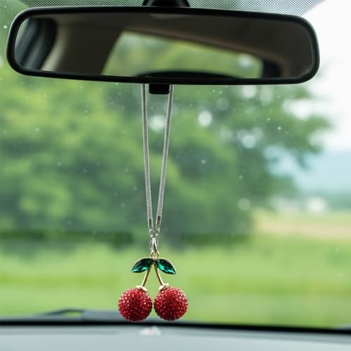 JJUNW Crystal Cherry Car Hanging Ornament - Bling Rearview Mirror Charm