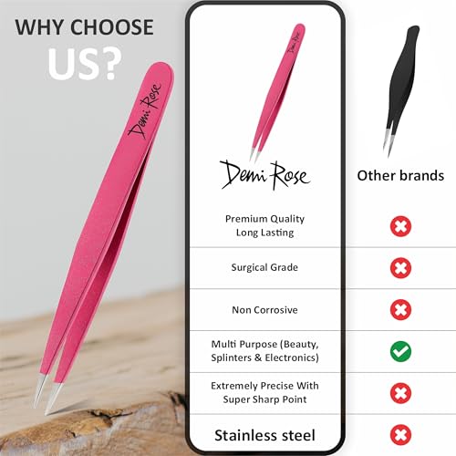 DEMI ROSE Pointed Tweezers - High Carbon Stainless Steel Precision Needle Nose Tweezers for Ingrown Hairs Splinters and Eyebrows