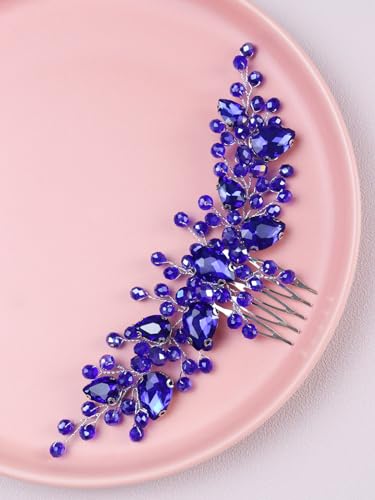 Brihasory Blue Crystal Wedding Hair Comb Rhinestone Bridal Hair Piece
